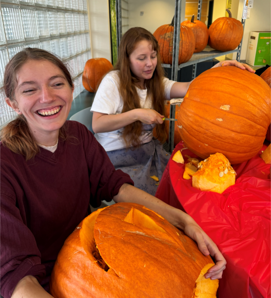 Two students having fun carving their pumpkins